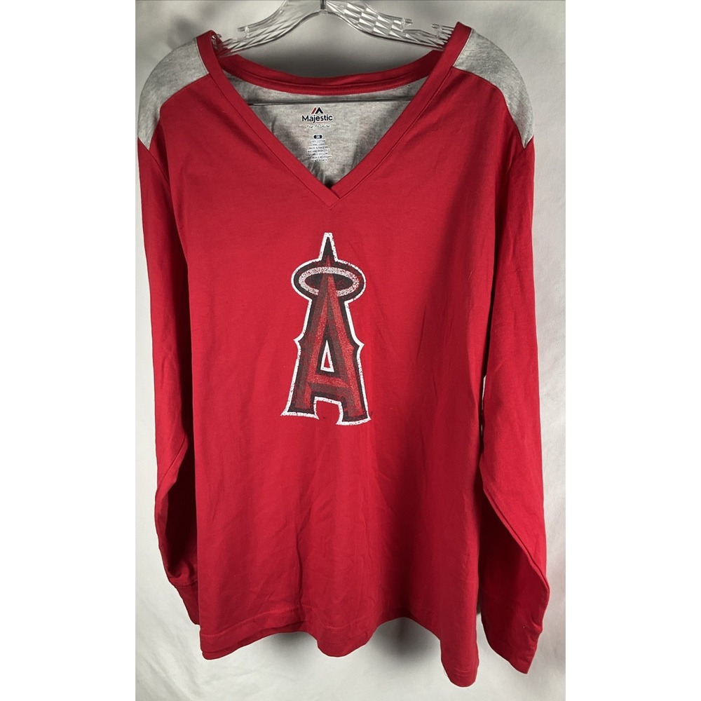 Majestic Angels MLB Womens Plus Size 3X Red Long Sleeve V‎ Neck T Shirt
